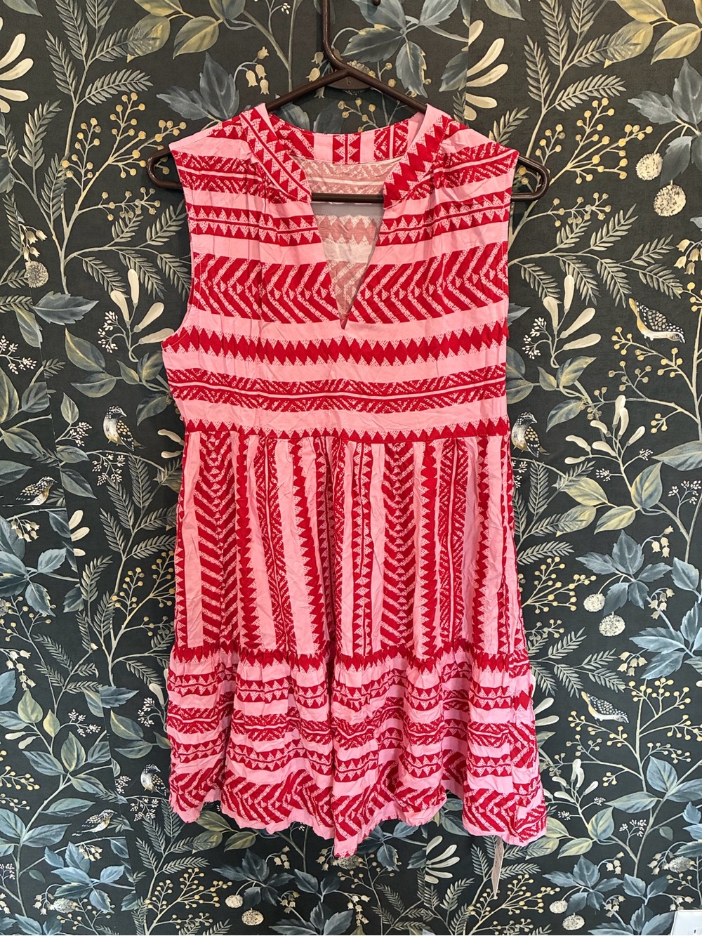 Sleeveless Pink and Red Patterned Midi Dress